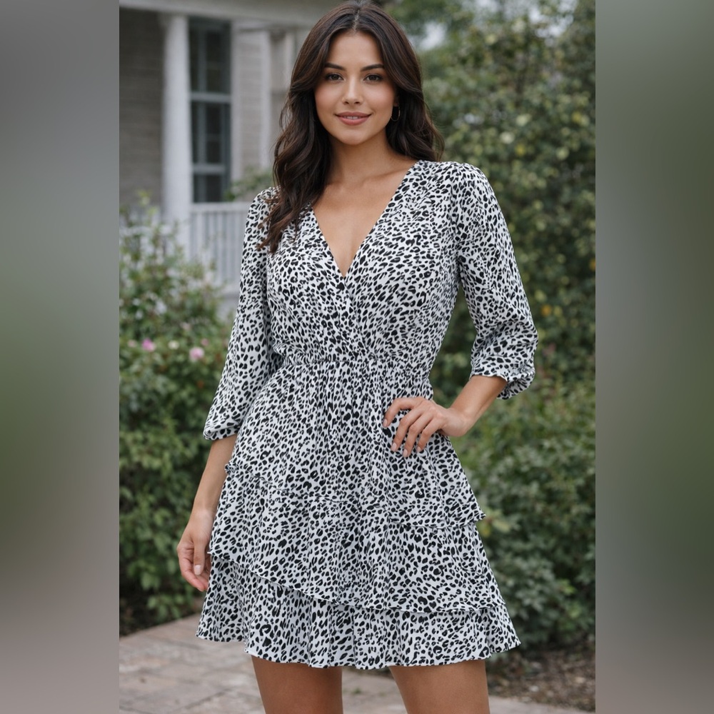 Zara Black & White Animal Print V-Neck Tiered Mini Dress